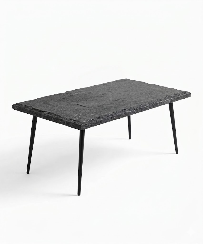Anthracite Slate- Natural Stone Coffee Table – Hand-Finished Raw Edge Surface with Slim Industrial Steel Legs
