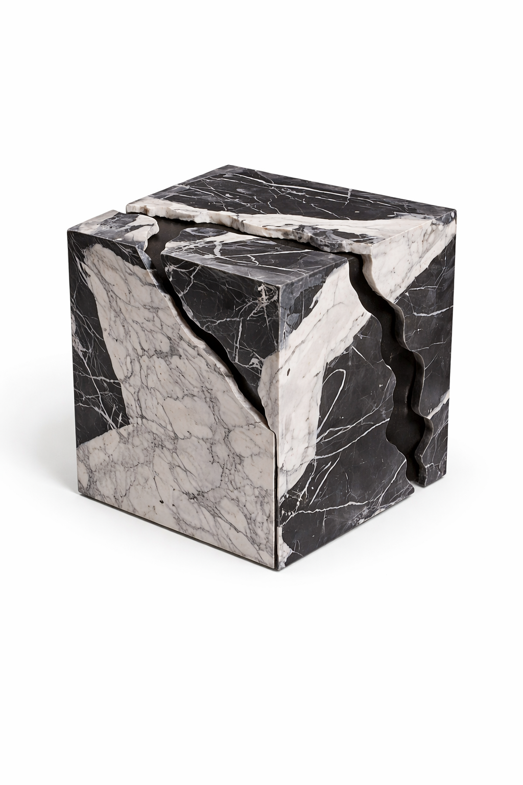 The "Obsidian Rift" Panda Marble Side Table – Hand-Carved Sculptural Cube with Natural Fissure Detail